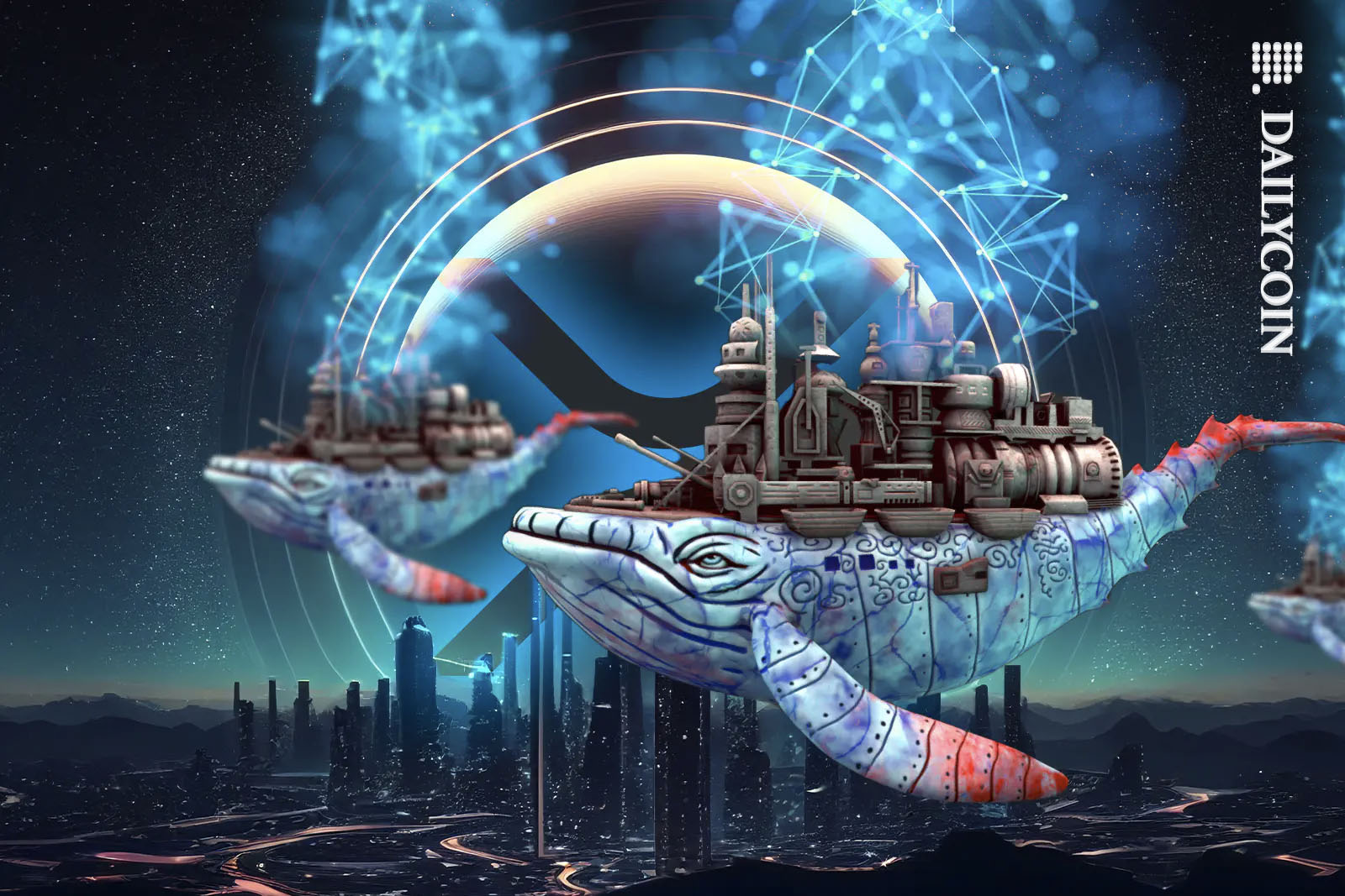 XRP whales swimming above a futuristic city.