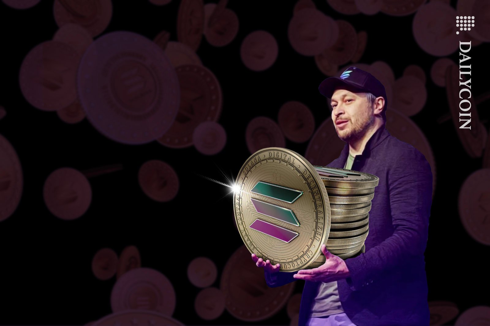 Anatoliy Yokovenko smiling as holding a stack of golden Solana coins.