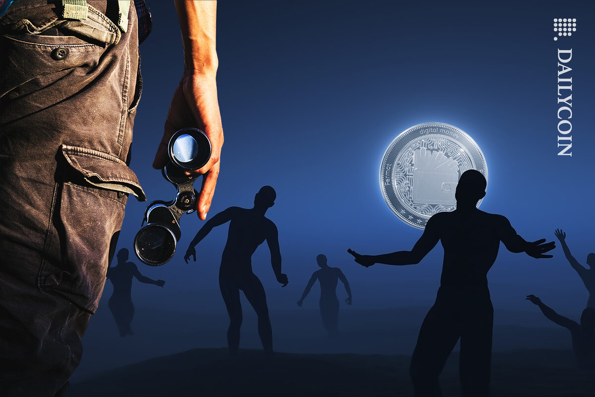 Man discovering digital money coin in full moon mode, making investors move like zombies.