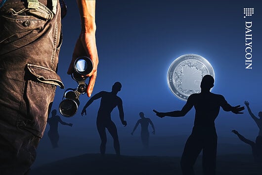 Man discovering digital money coin in full moon mode, making investors move like zombies.