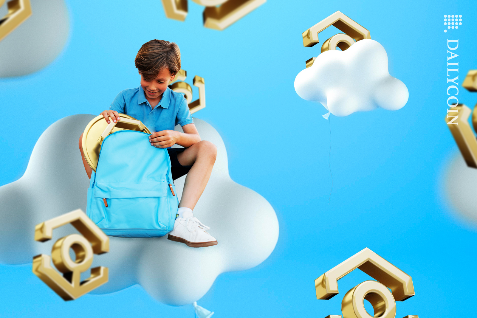 Little boy unpacking his backpack on a cloud finding a ANKR coin inside.