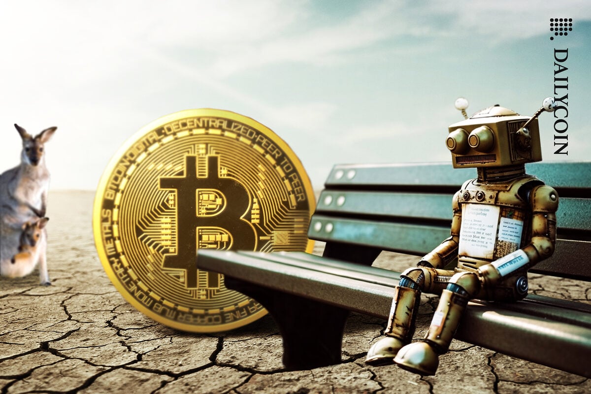 Robot sitting on a bench in shock, next to his Bitcoin. Kangaroos are curious what happened.