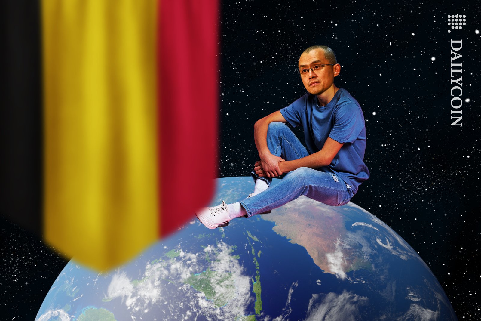 Binance CZ sitting on top of the world, admiring the Belgium flag.