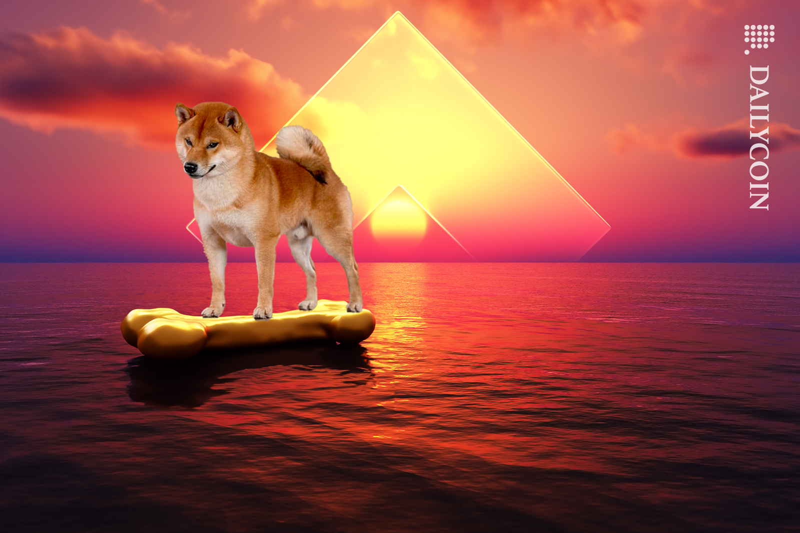 Shiba Inu floating on a gold BONE, over the water horizon Binance logo is peeking out.