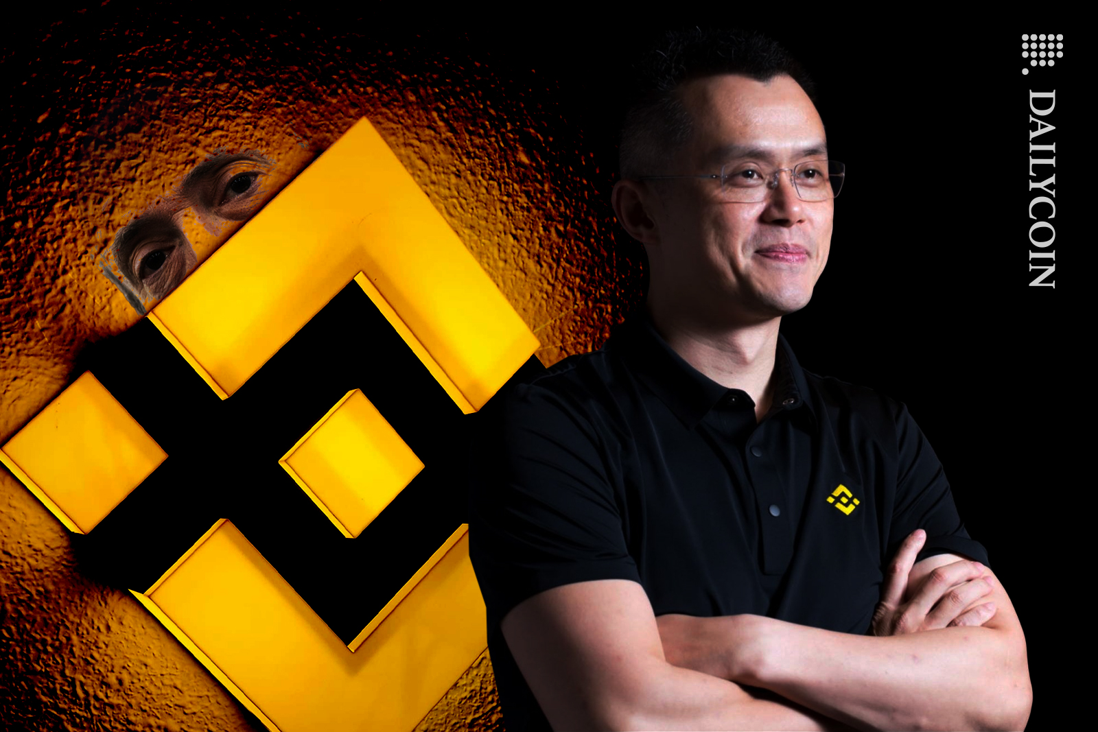 Binance Ceo Changpeng Zhao looking pleased, whist Gary Gensler is is eyeing up his every move.
