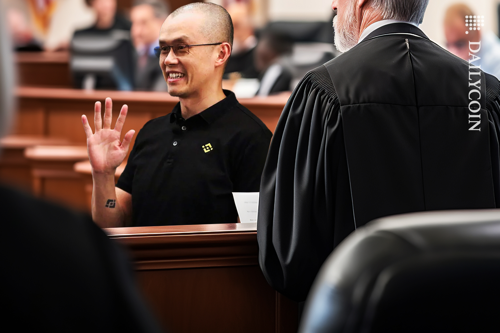 Binance CZ waving to the jury, happy in cour, ignoring the Judge.