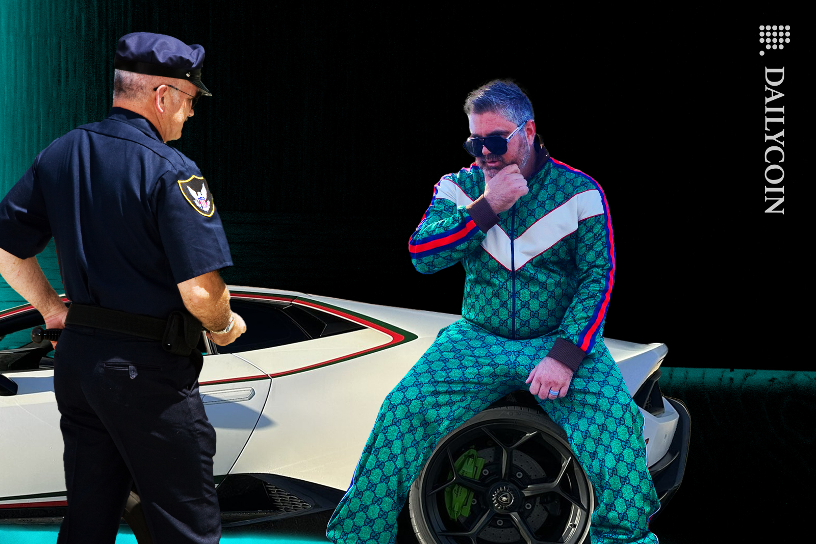 BitBoy sitting on his Lambo, and looks at a police man.