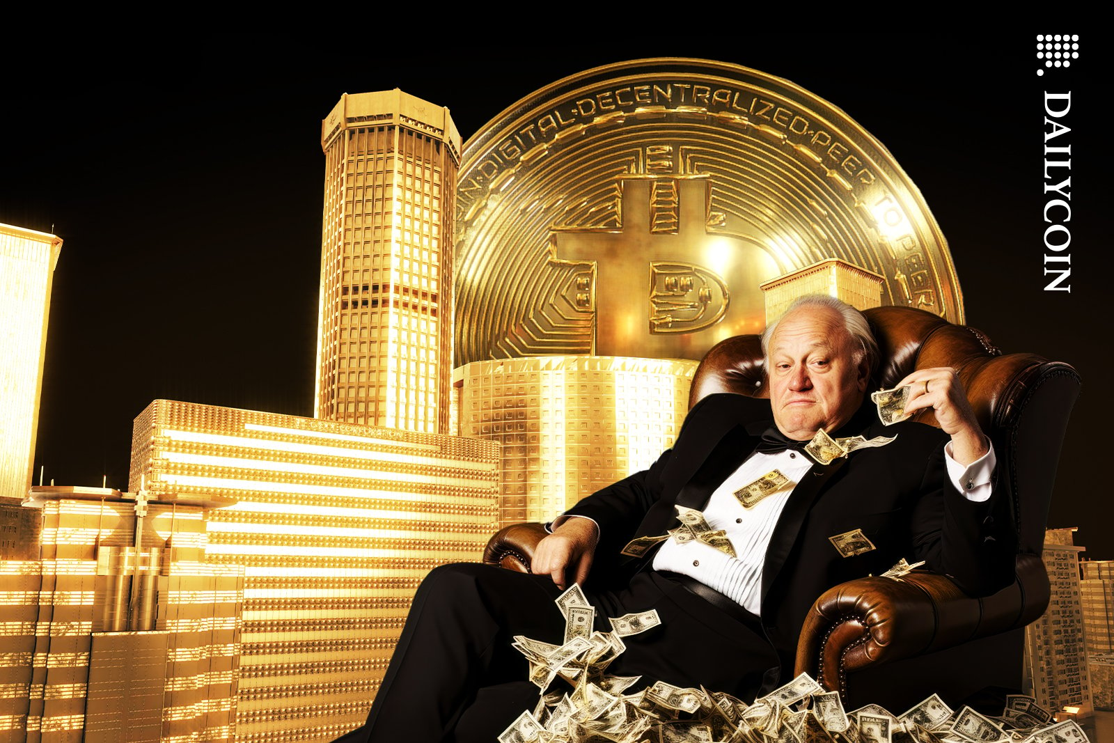 Billionaire man in his gold city of Bitcoin.