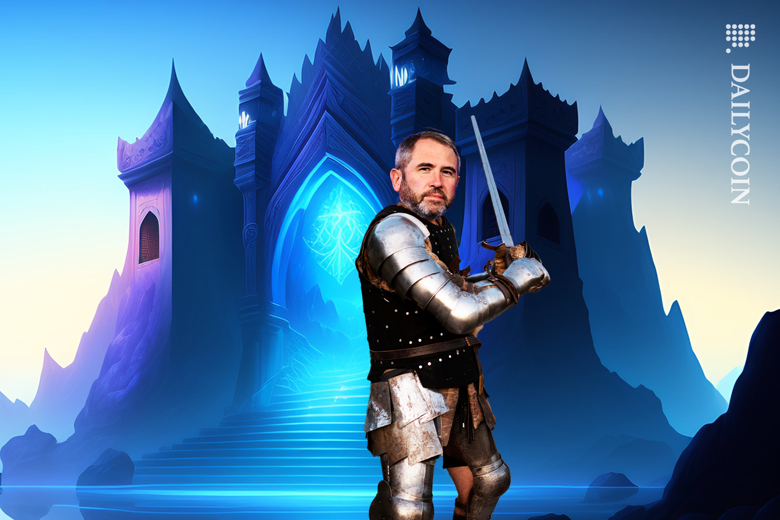 Brad Garlinhouse dressed as a knight with a fortress in the background.