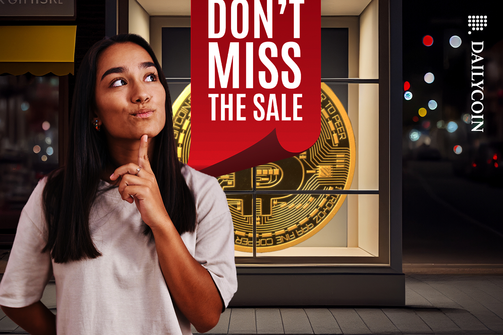 Girl thinking if to buy the Bitcoin on sale.