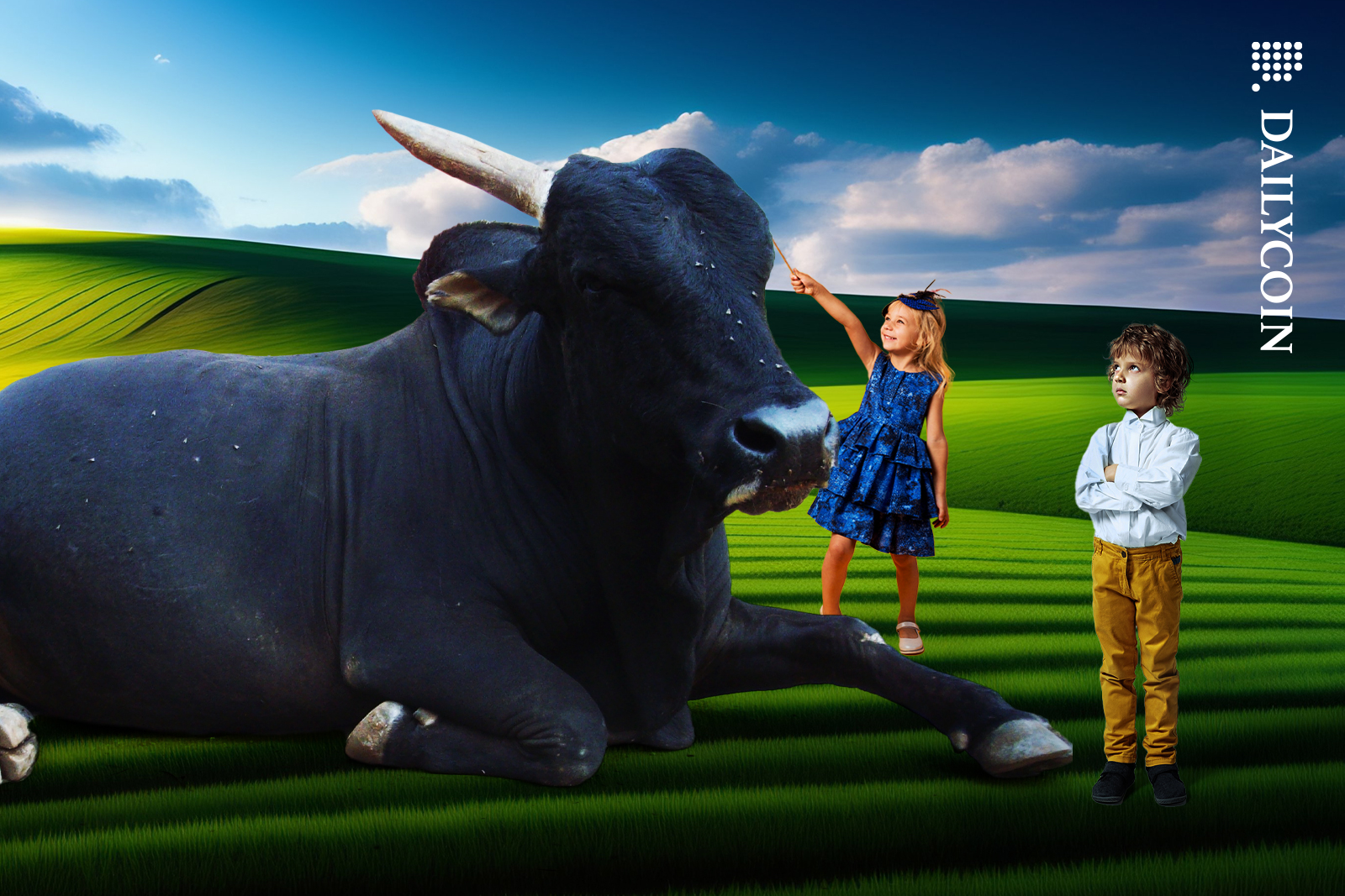 Bull is laying down on the grass, little boy is dissapointed and a little girl is trying to poke the bull to move him.