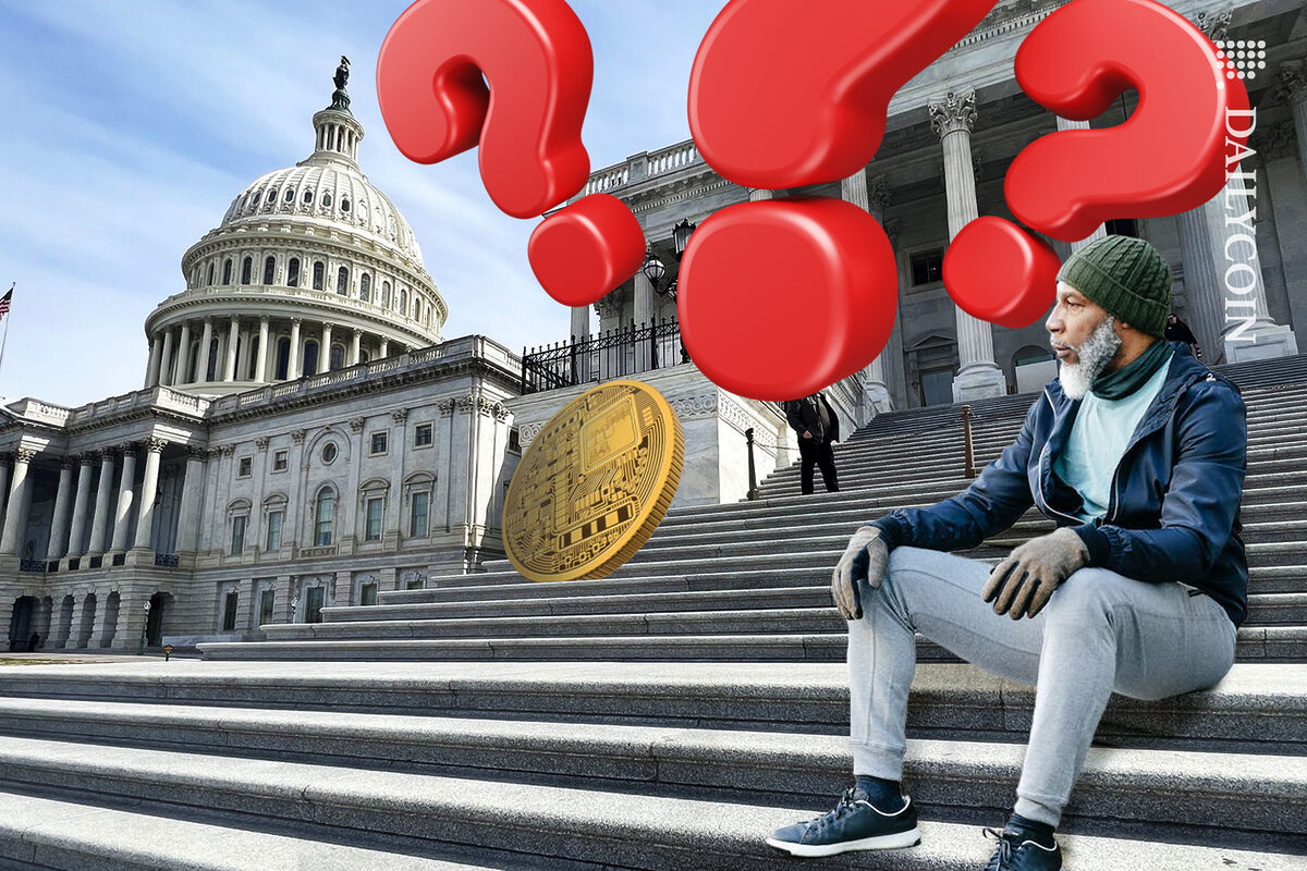 Huge question marks outside of US Capitol with a crypto coin just been left out on the steps.
