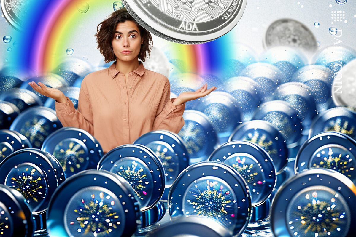 Girl with technology bubbles with no emotion. seeing Cardano coins floating above.