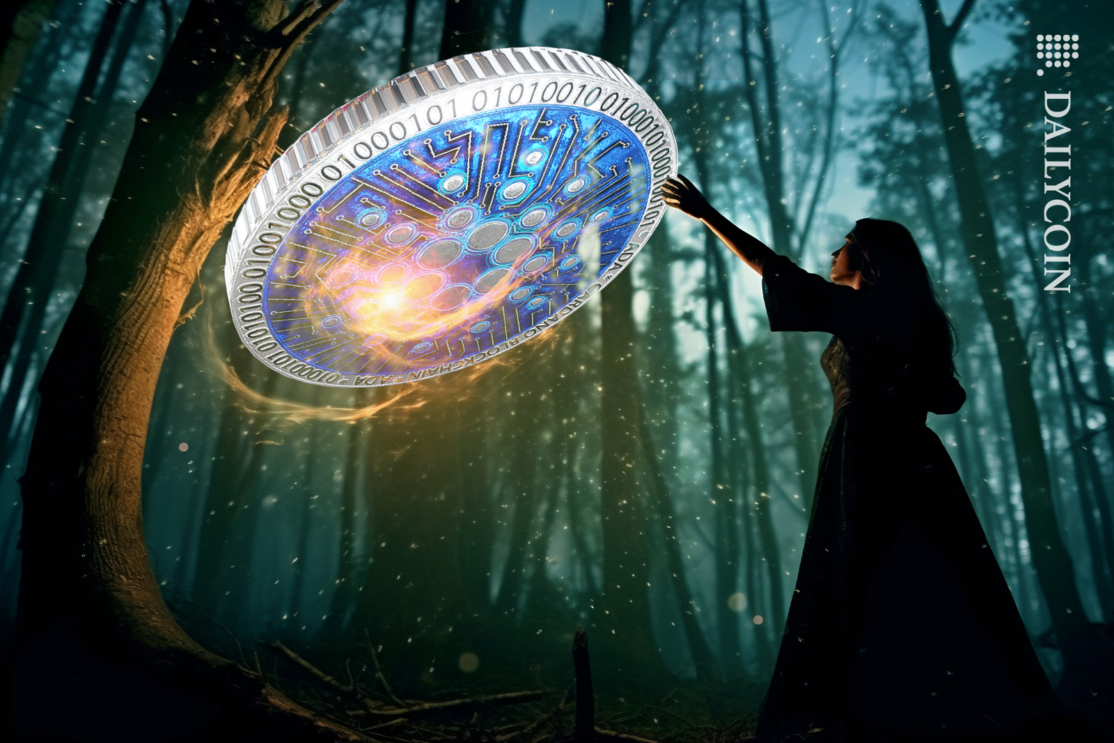 Cardano floating in the air in a mystic forest.