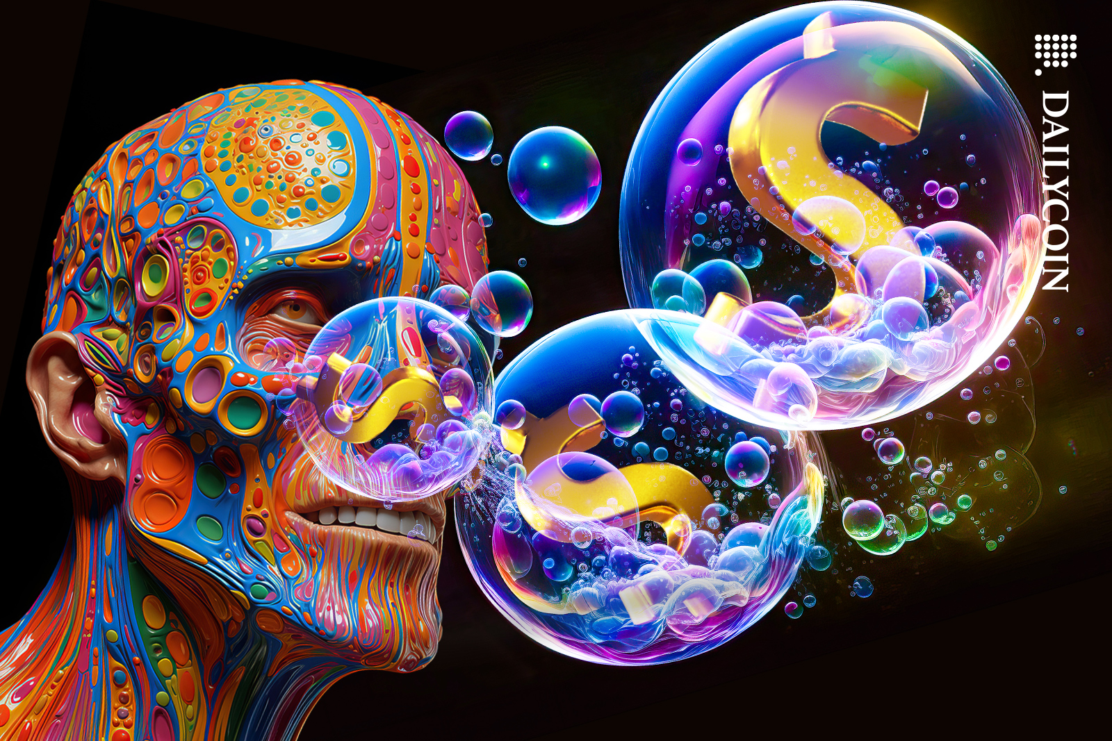 Colourful man seeing colourful Circle bubbles with dollar signs inside.