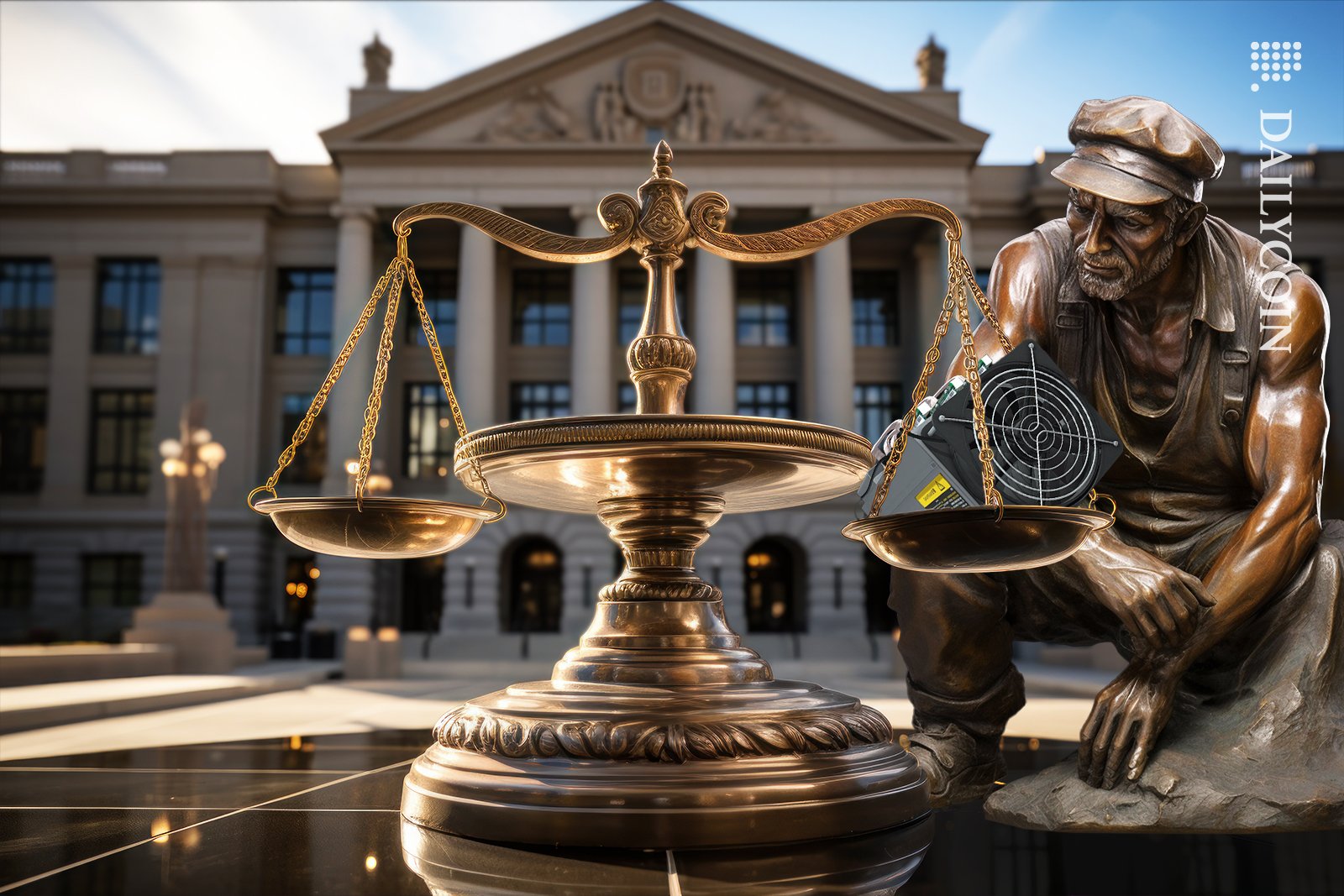 A miner sculpture getting to know the law for mining rigs out side of courthouse.