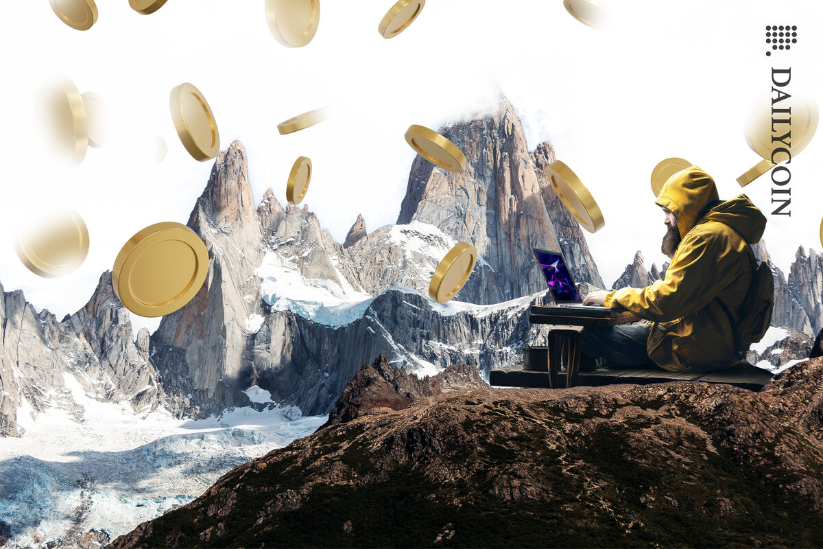 Argentinian mountain landscape - Man Crypto mining and coins are falling from the sky.