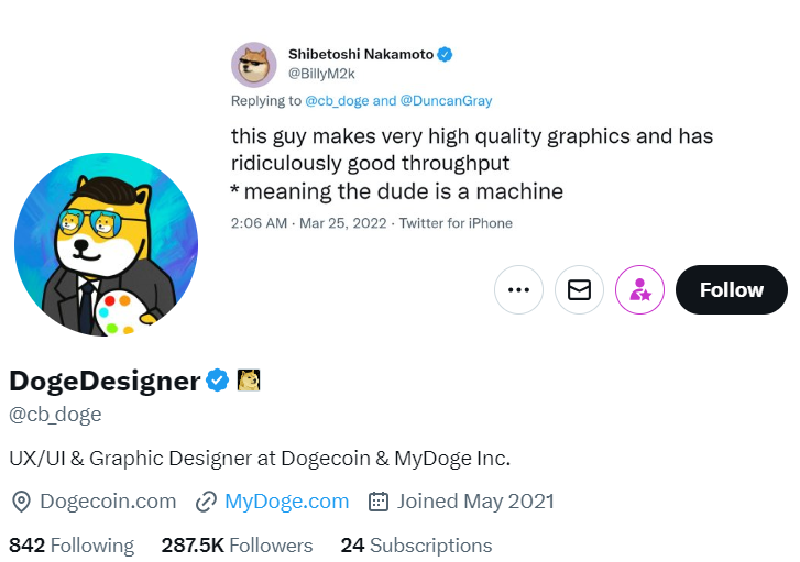 Dogecoin Designer X profile. 