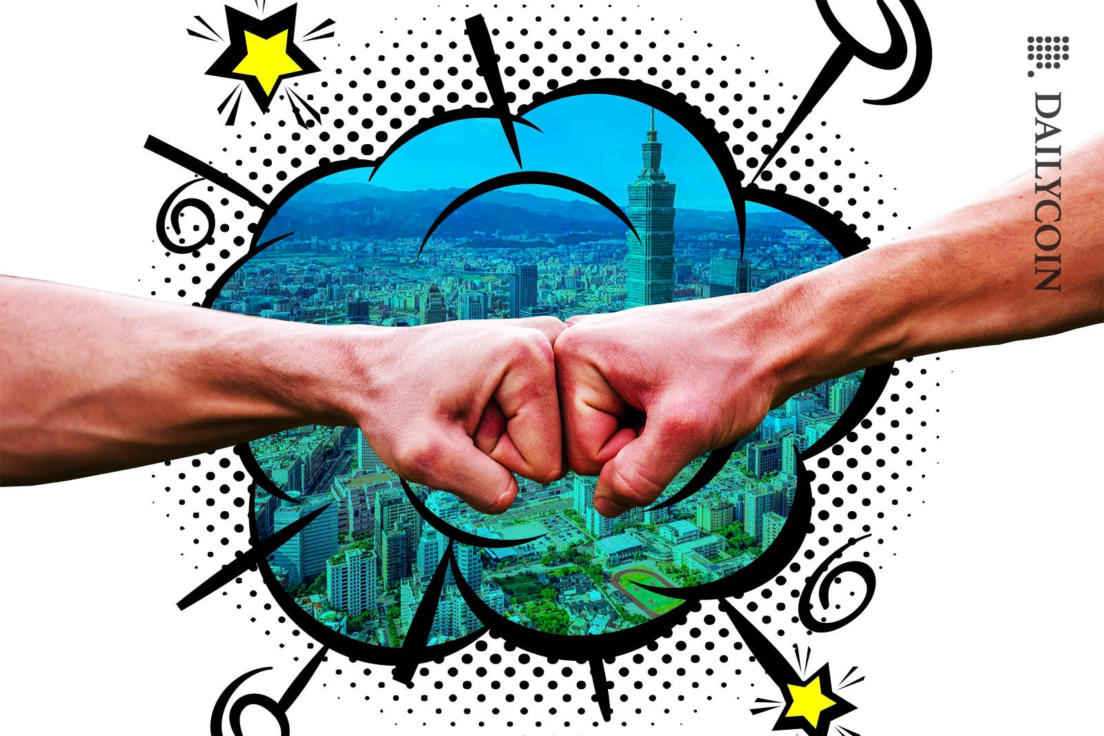 Fistbump over the skyline of Taiwan.