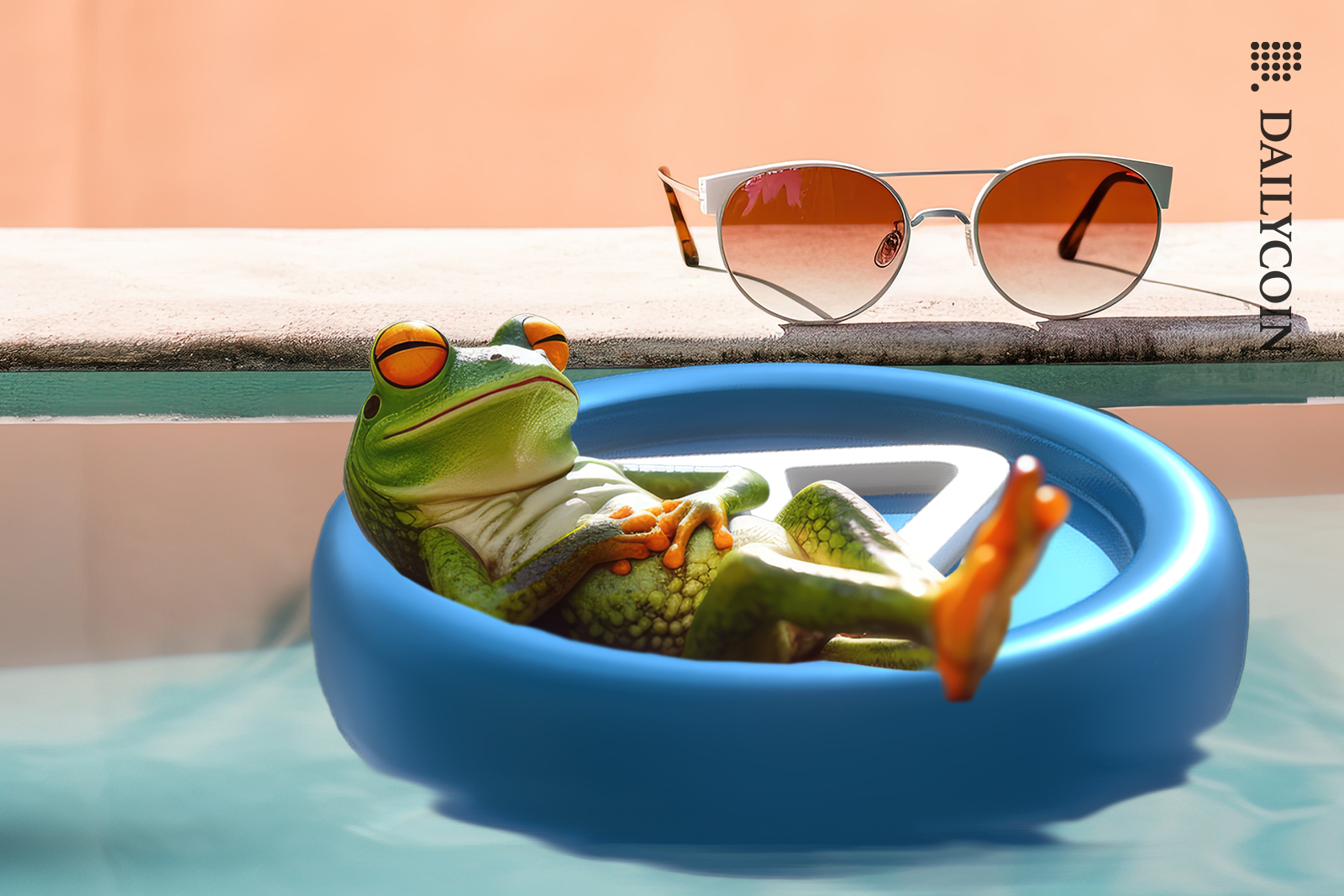 A Frog chilling in the pool on a floating Toncoin.