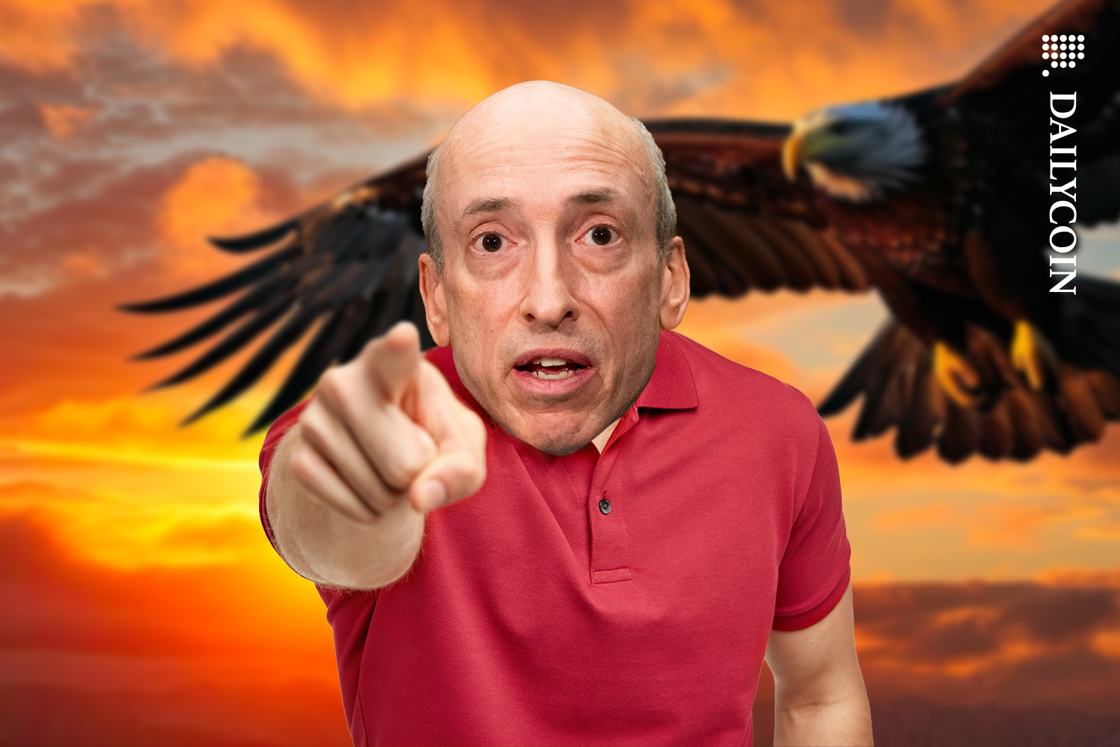 Eagle flying towards scared Gary Gensler who is pointing at you.