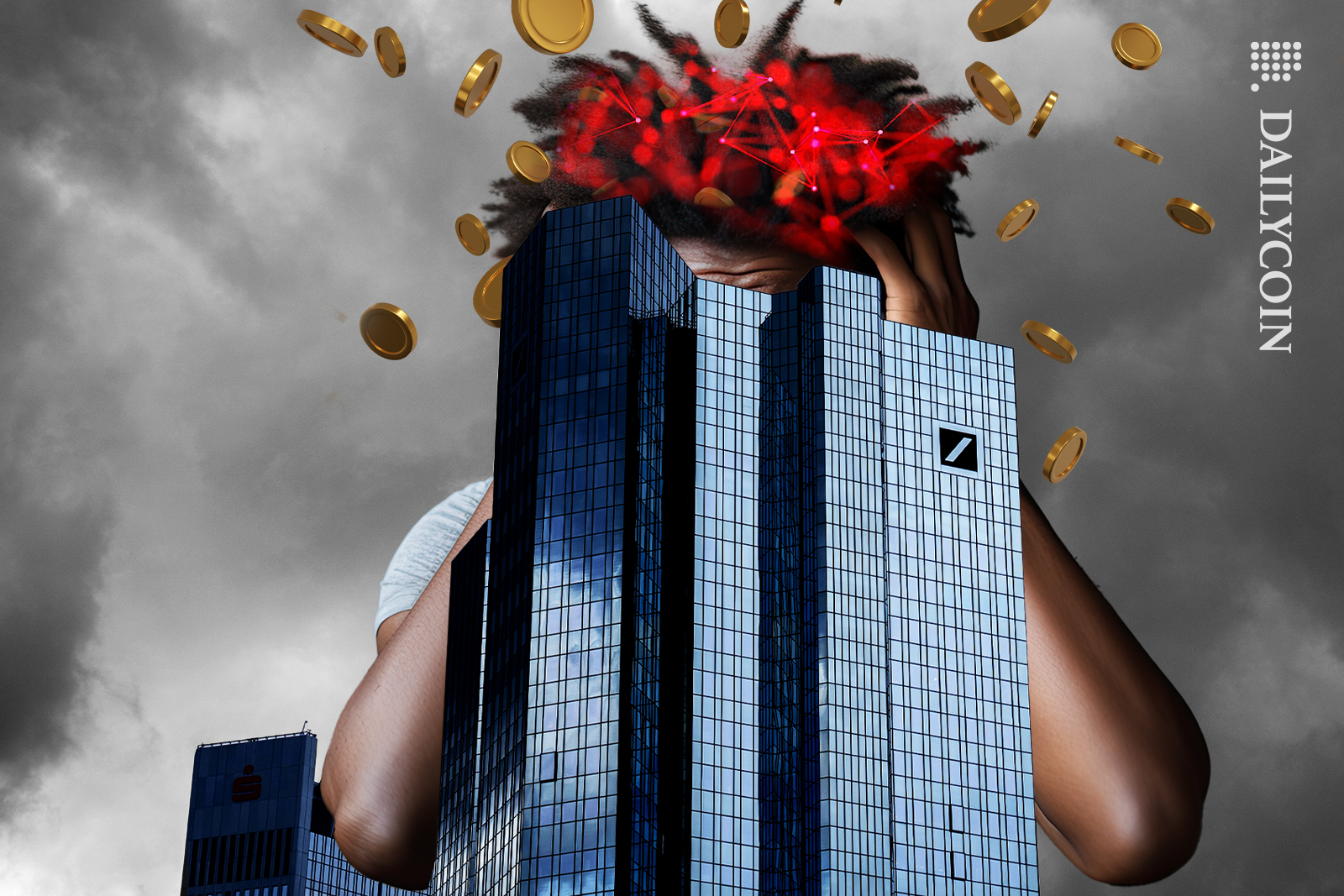 A guy hiding behind Deutsche Bank with red DeFi and coins coming out his hair.