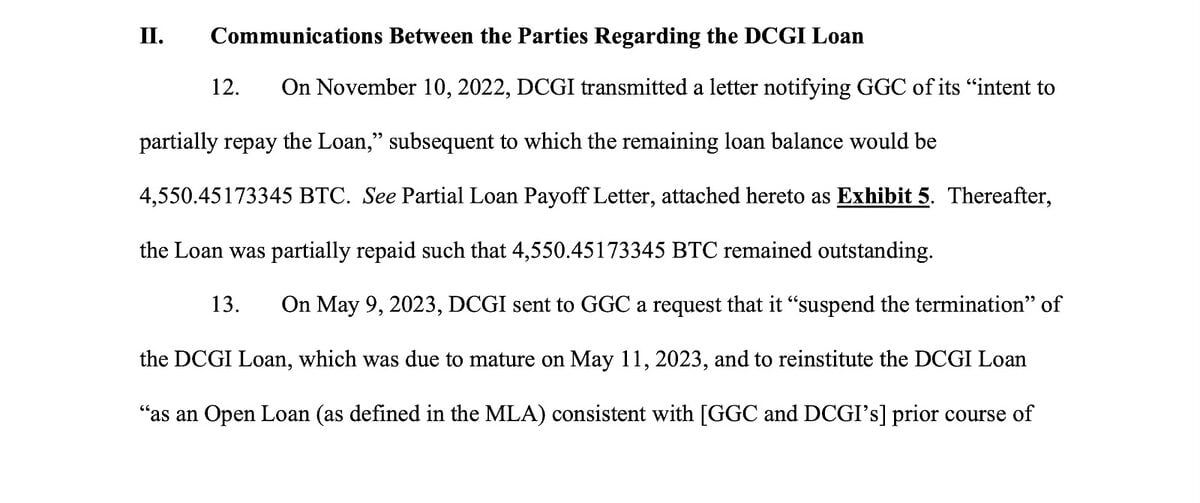 Genesis' lawsuit extract displaying DCG's outstanding Bitcoin Debt. 