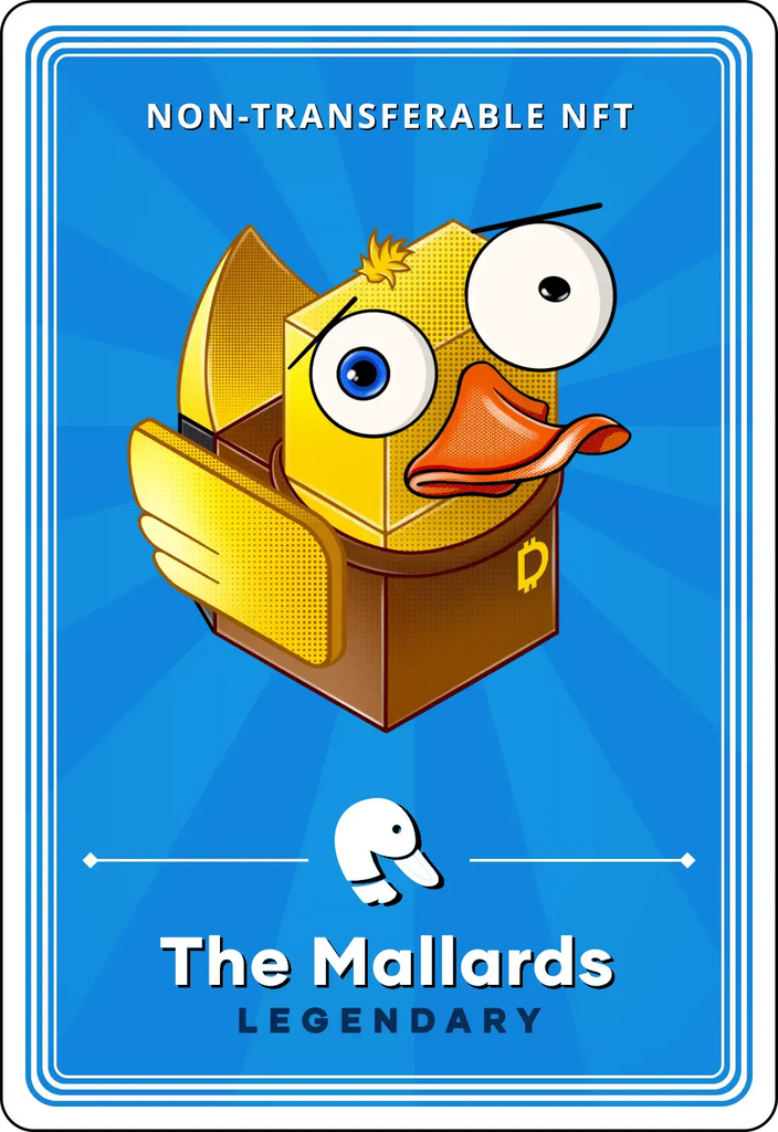 A blue trading card featuring a yellow duck made of geometric shapes. The top caption reads "non-transferrable NFT". The bottom caption reads "The Mallards - Legendary". 