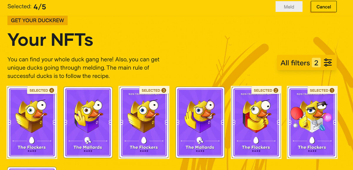 A screenshot from the Duckies game depicting the journalist's collection of 7 rare Duckling NFTs.