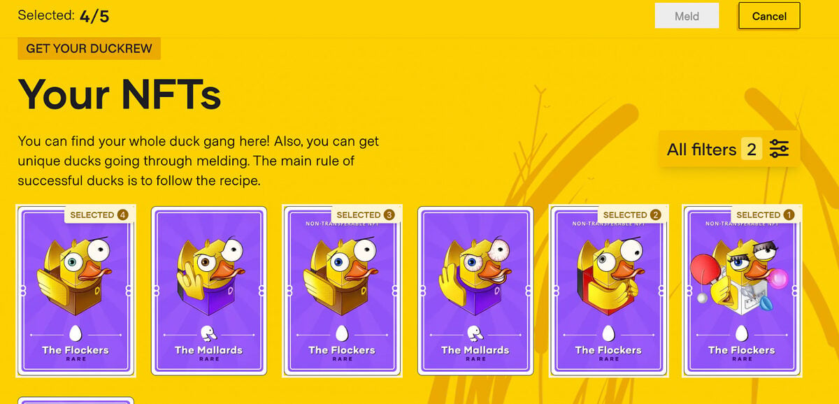 A screenshot from the Duckies game depicting the journalist's collection of 7 rare Duckling NFTs.