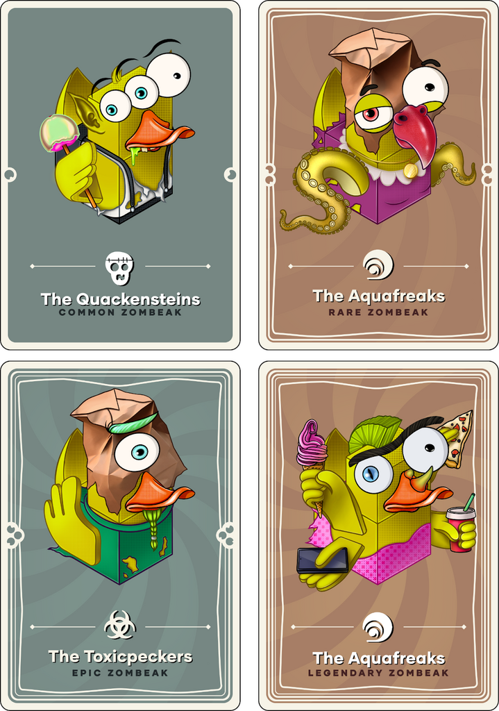 The image depicts four trading cards of mutated Ducklings NFTs. The mutations are each named "Zombeaks". Each card is a different tier: The Quackensteins - Common, The Aquafreaks - Rare, The Toxicpeckers - Epic, and The Aquafreaks - Legendary.
