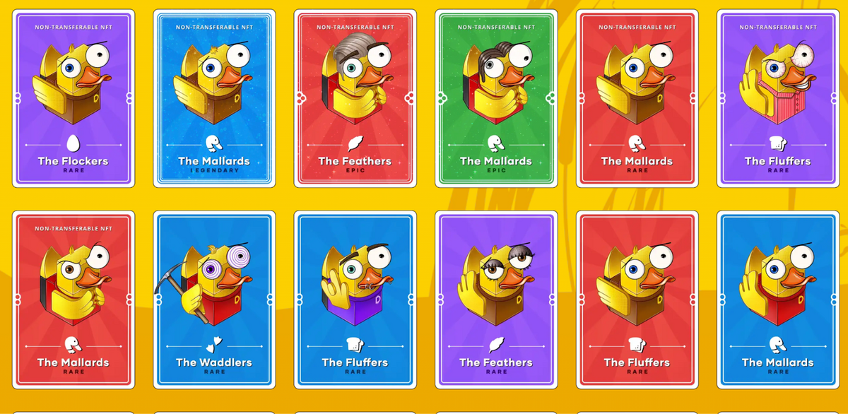 A collection of 12 Duckling trading card NFTs. In the collection are 9 rare cards, 2 epic cards, and 1 legendary card.