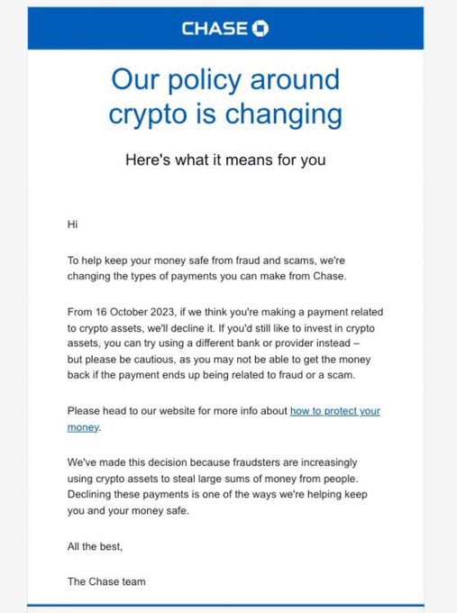 Chase notice on crypto policy. 