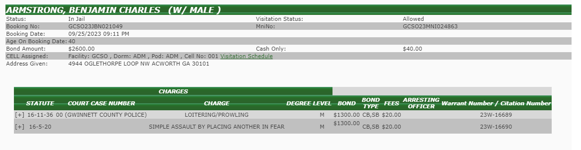 Booking record of Ben Armstrong by Gwinnett County Police.