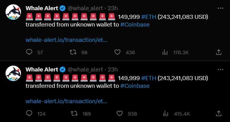 The large ETH transfers to Coinbase highlighted by Whale Alert.