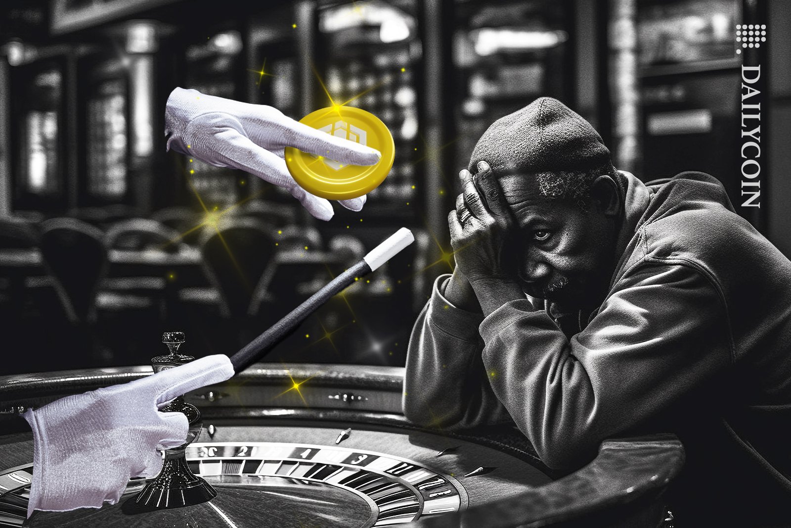 Magicians hand playing with a BNB token in a casino, a man sitting at the roulette table is thinking what on earth is going on.