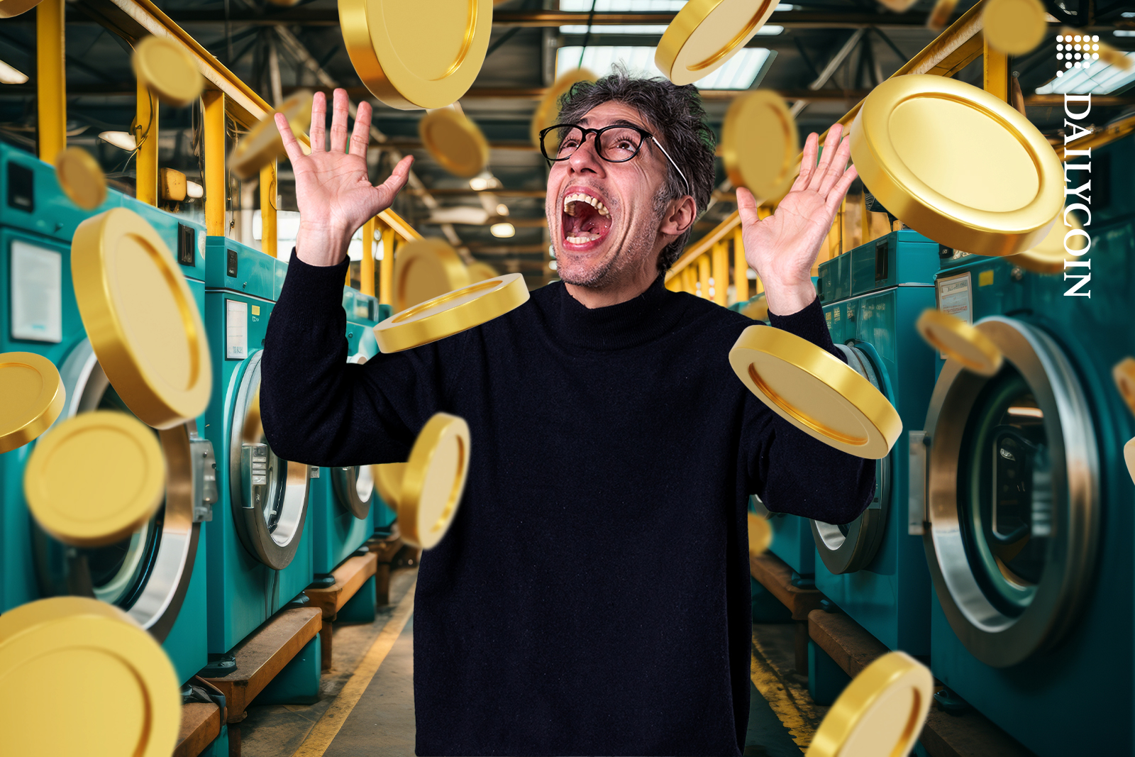 Man in a hall of Washing machines looking crazy happy with coins in the air.