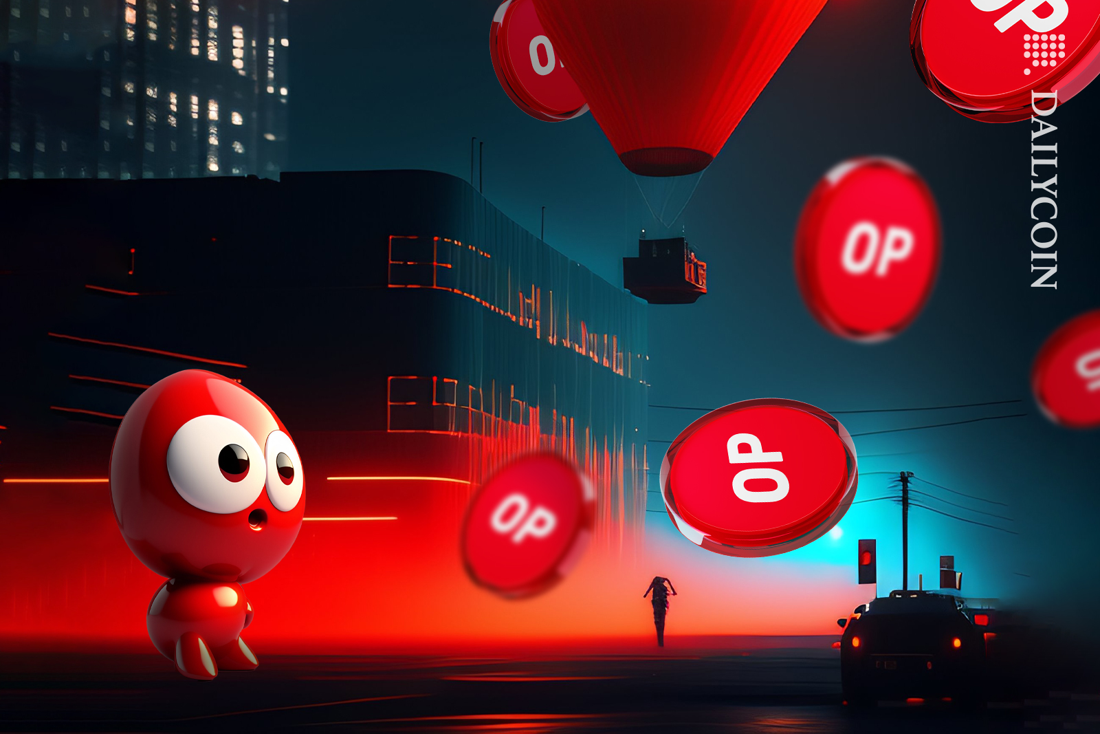 Optimism coins dropping from the air, a little red character is shocked.