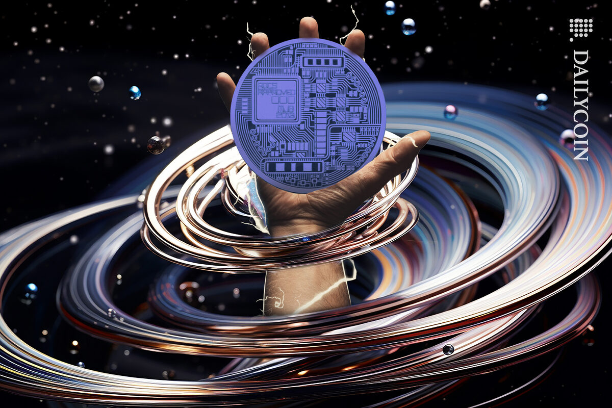 Ropes are getting loose on a hand that caught a crypto coin in outer space.