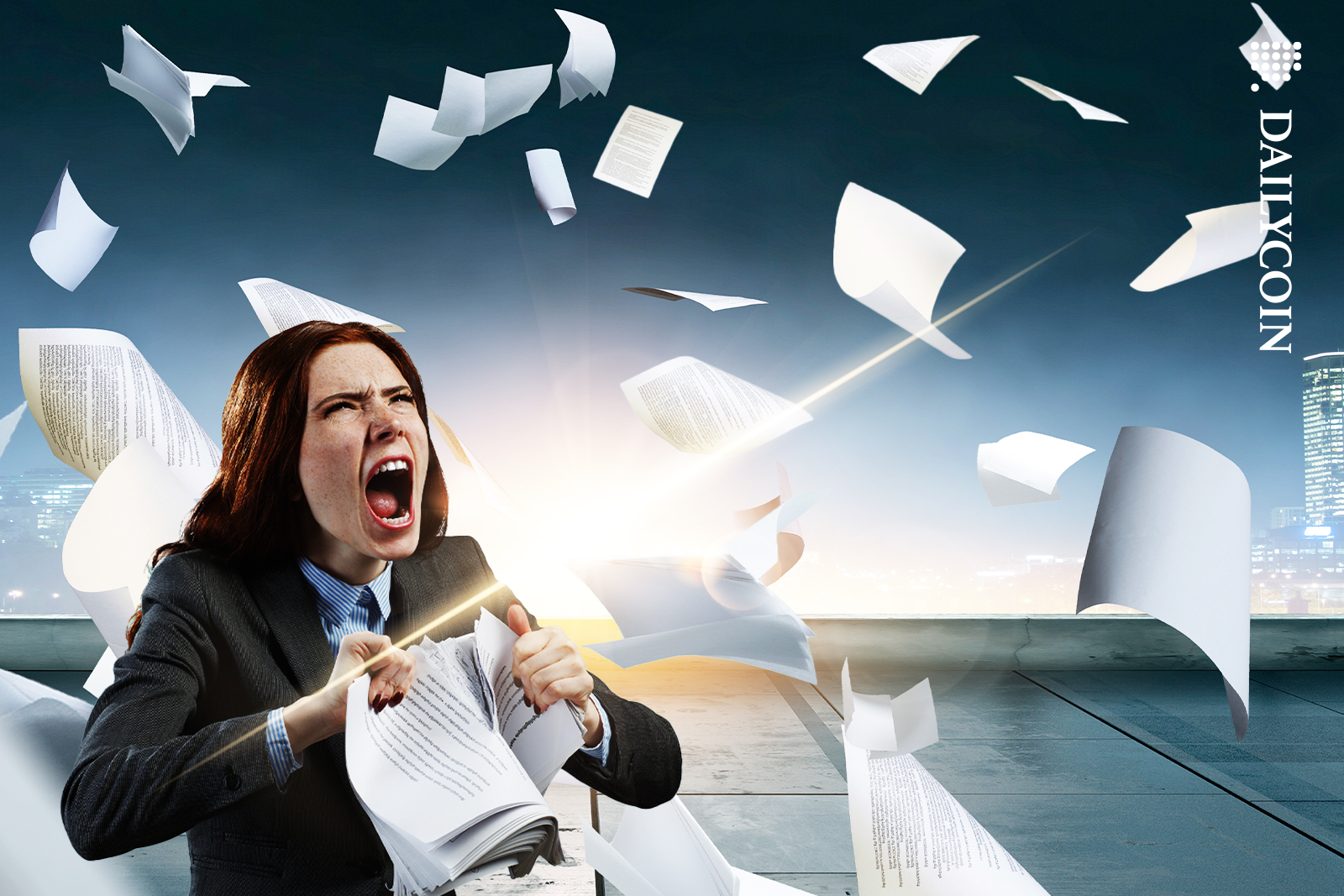 Woman tearing up paperwork screaming on top of a building.