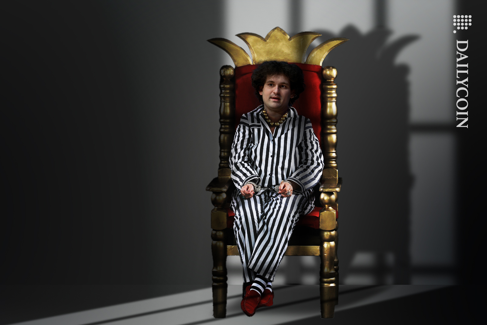 Sam Bankman in a king throne sitting in his cell.