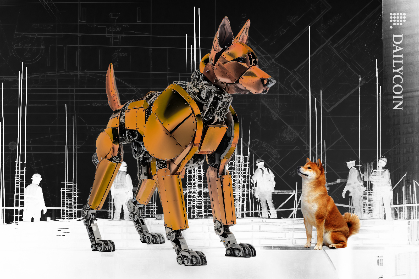 Big robot dog on a building blueprint, shiba inu looking up at it.