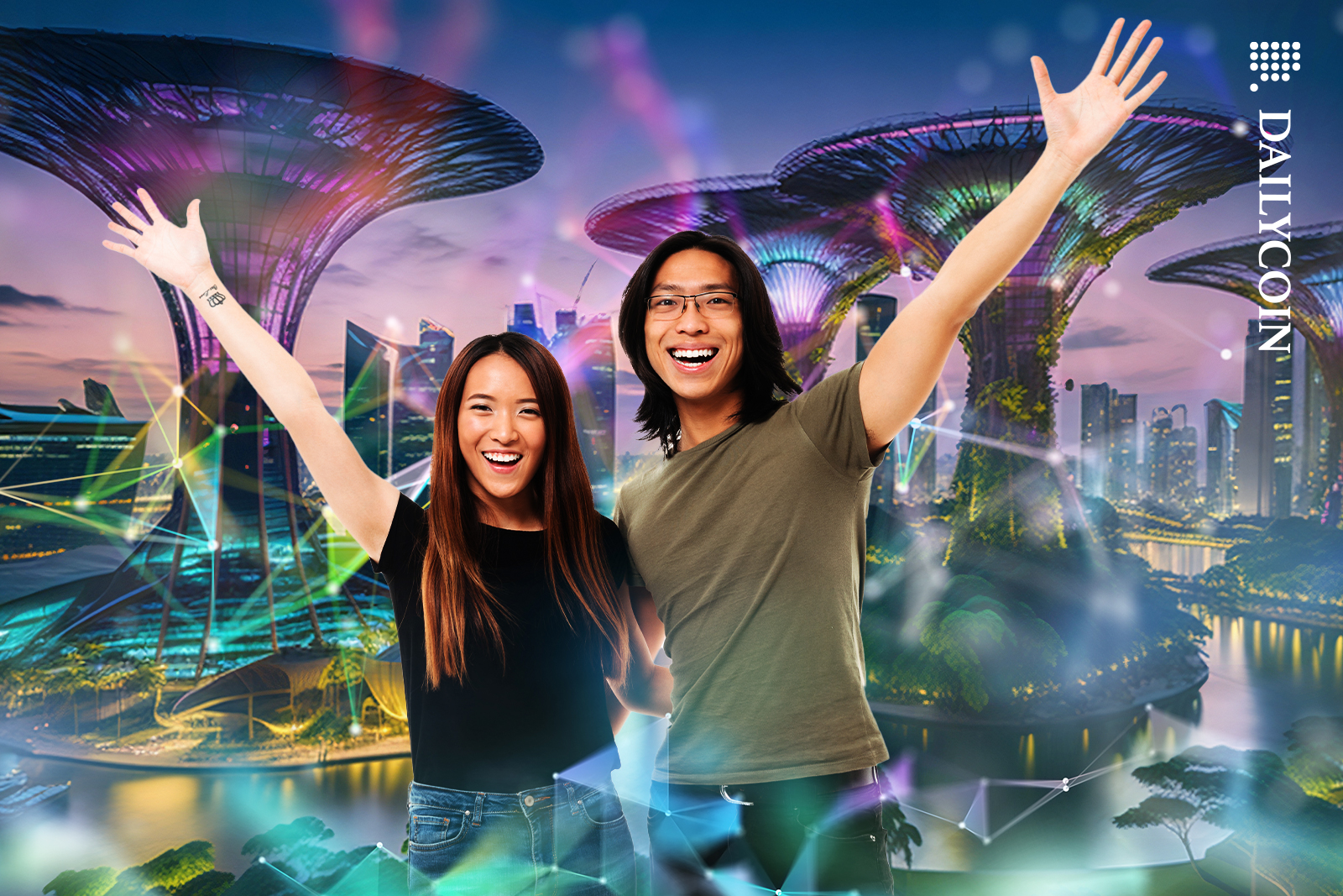 Two people are happy and welcoming you to Singapore filled with colourful DeFi.