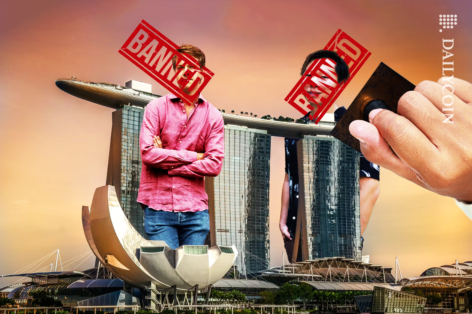 A hand stamped 'BANNED' on a photo of Kyle Davies and Zhu Su in Singapore.