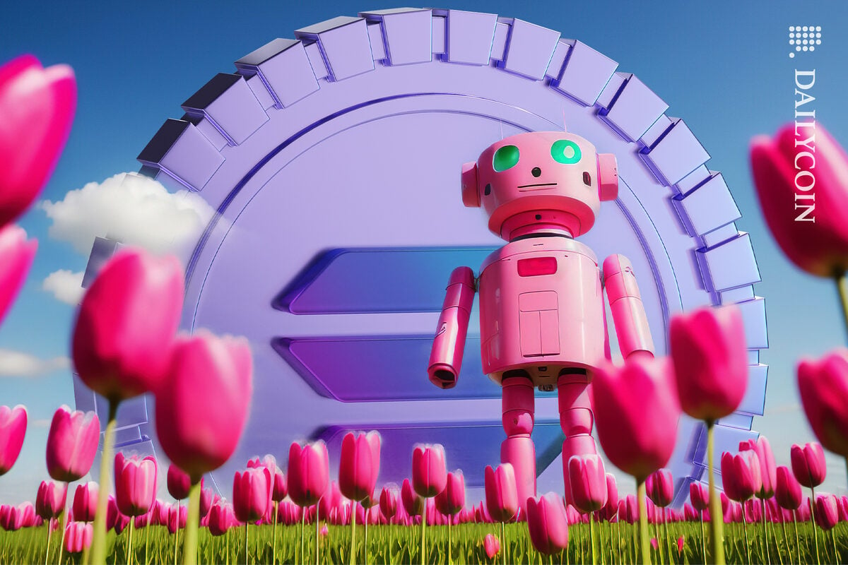 Giant Solana coin in a tulip field with a shiny pink robot.