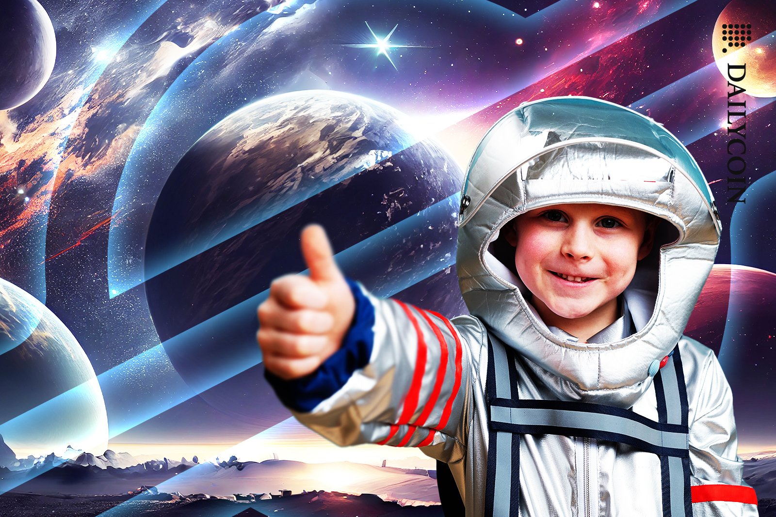 Astronaut boy showing thumbs up in Stellar land.