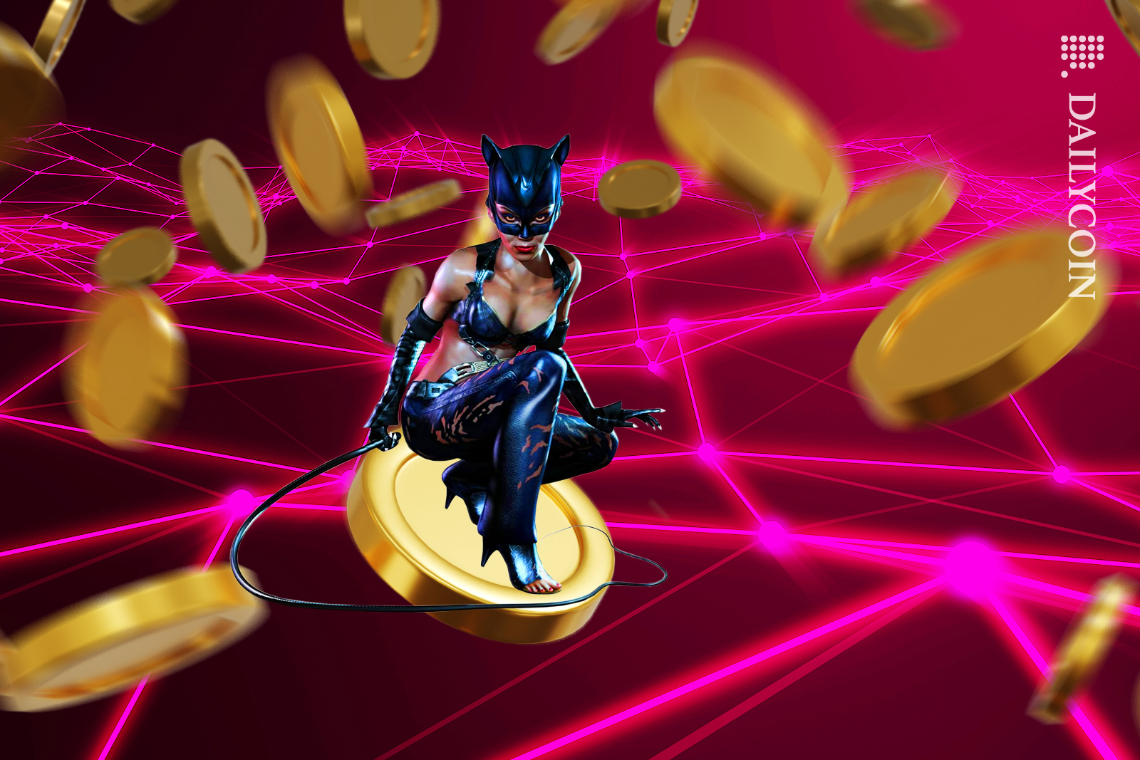 Catwoman with whip disturbing coins.