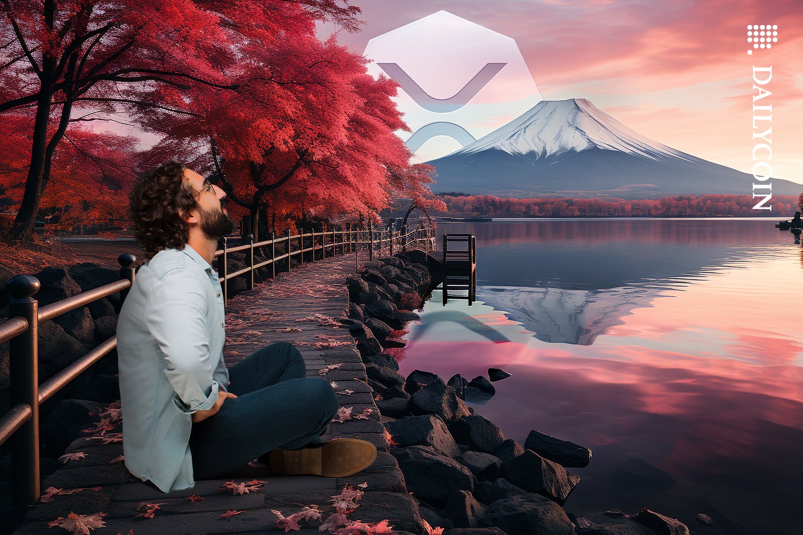 A guy sitting on a bridge in Japan with a big XRP.