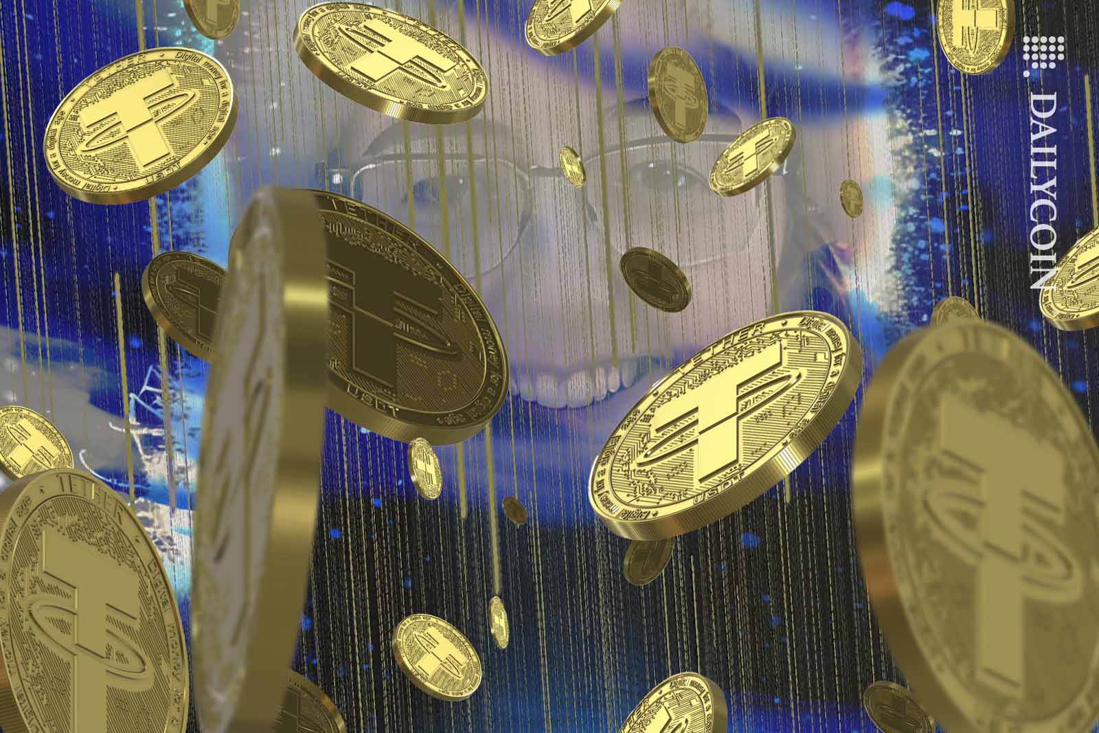 Tether (USDT) coins falling from the sky, with Caroline Ellison's face in the background in the clouds.