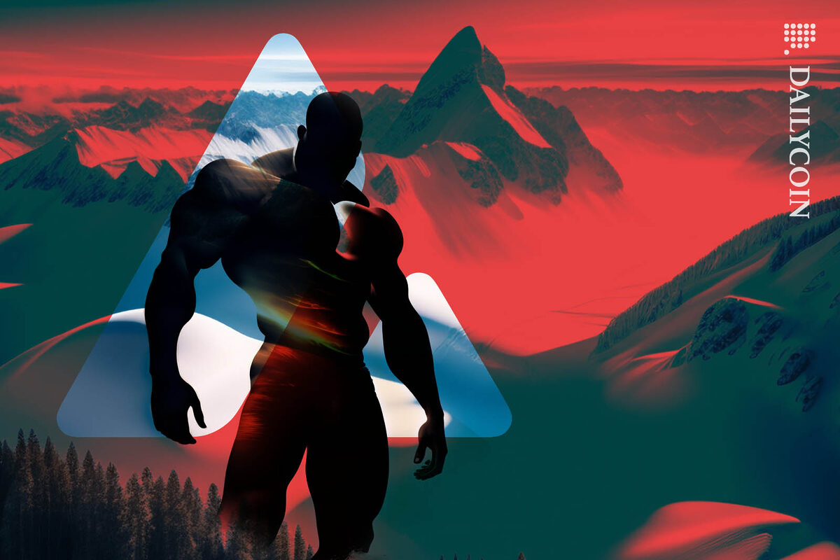 Big powerful human figure infront of snowy montain range and an Avalance logo.